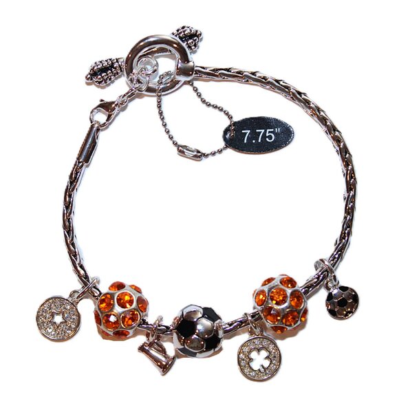DaVinci Charm Bracelet 7.75" w/ 7 Beads - Soccer Ball Sport Star Cheer Orange CZ - Picture 2 of 4